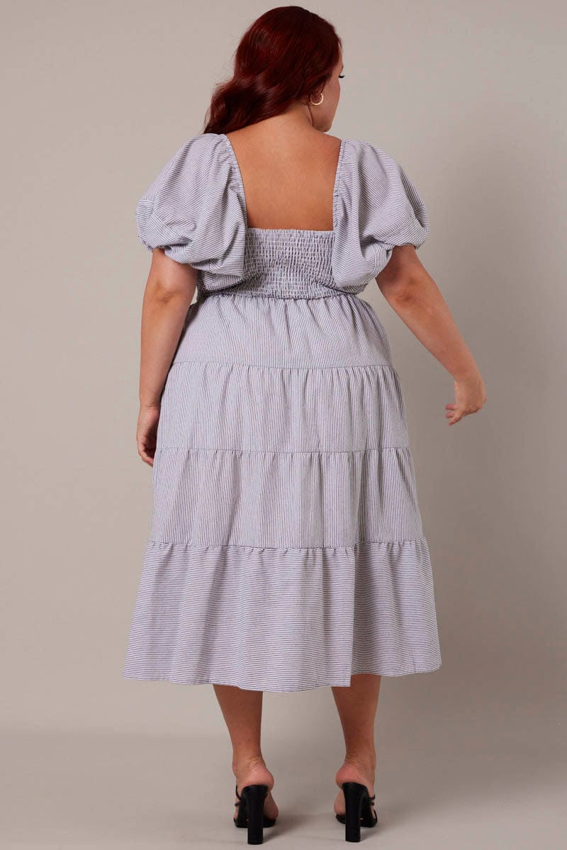 White Stripe Midi Dress Short Sleeve Tiered for YouandAll Fashion