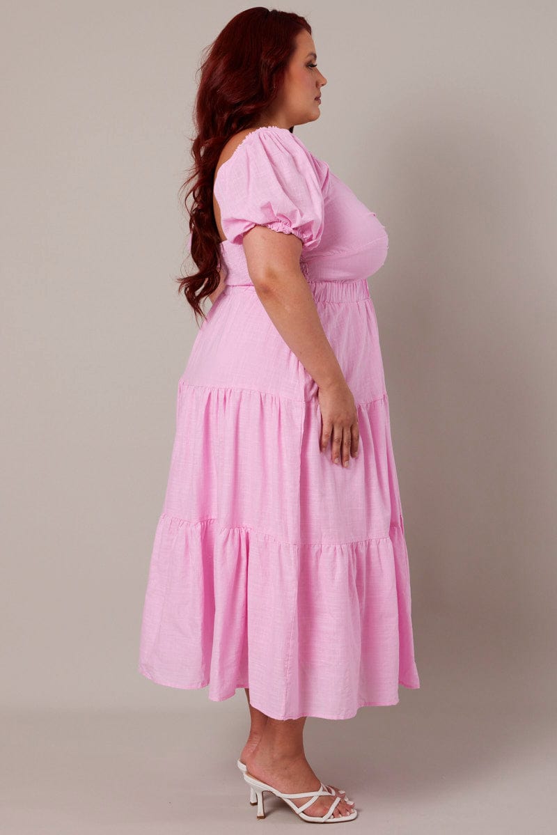 Pink Maxi Dress Short Sleeve Tiered Twist Front for YouandAll Fashion