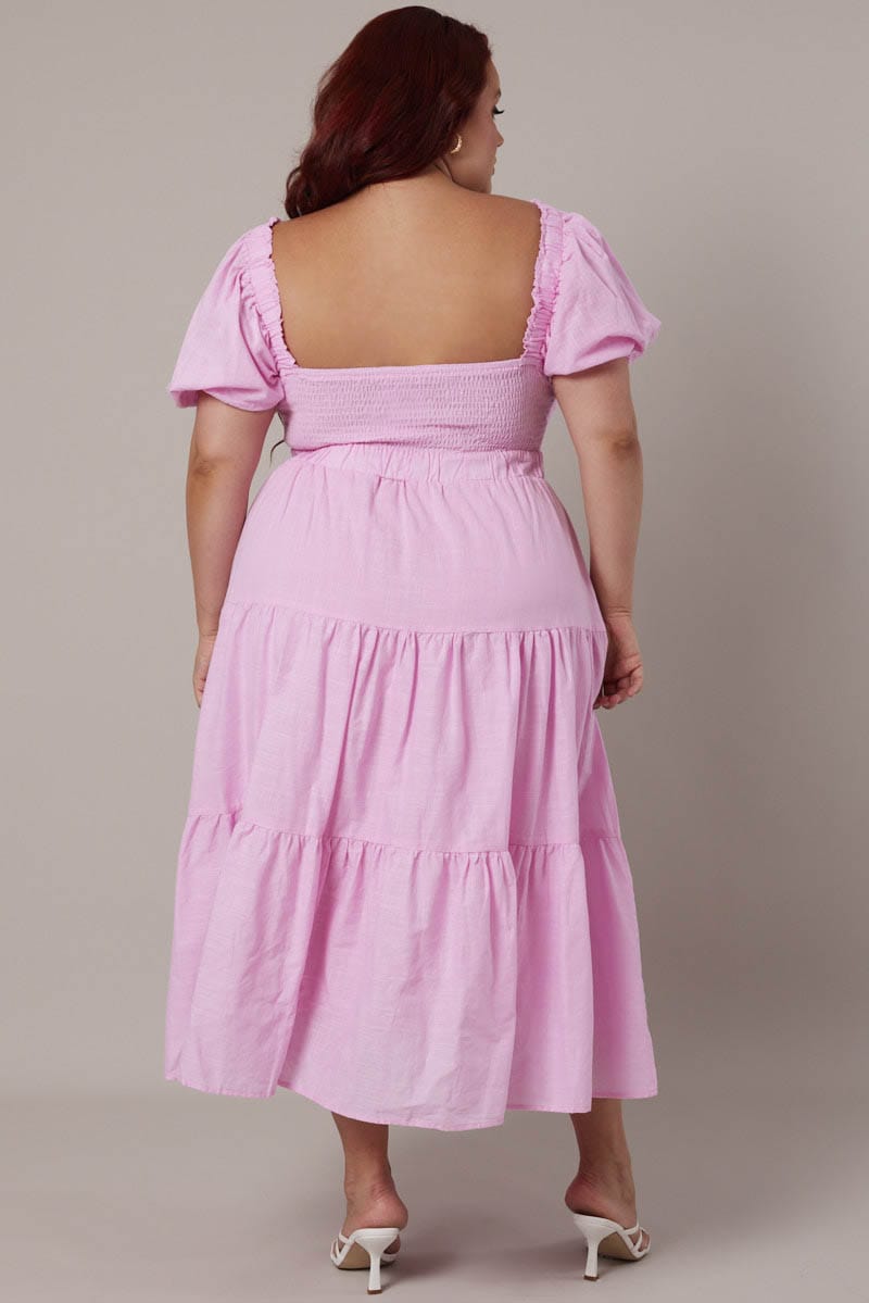Pink Maxi Dress Short Sleeve Tiered Twist Front for YouandAll Fashion