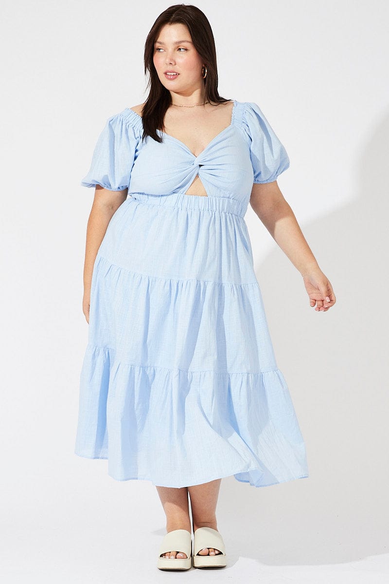 Blue Midi Dress Short Sleeve Tiered Cotton for YouandAll Fashion