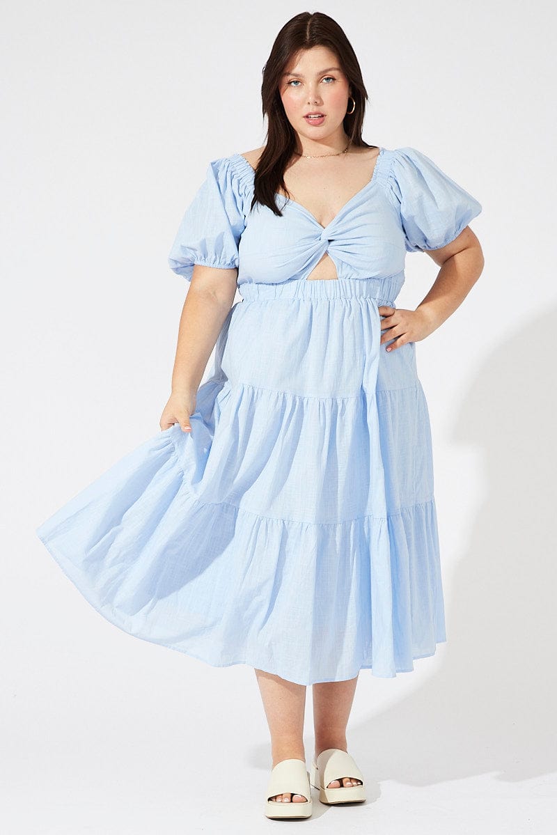 Blue Midi Dress Short Sleeve Tiered Cotton for YouandAll Fashion