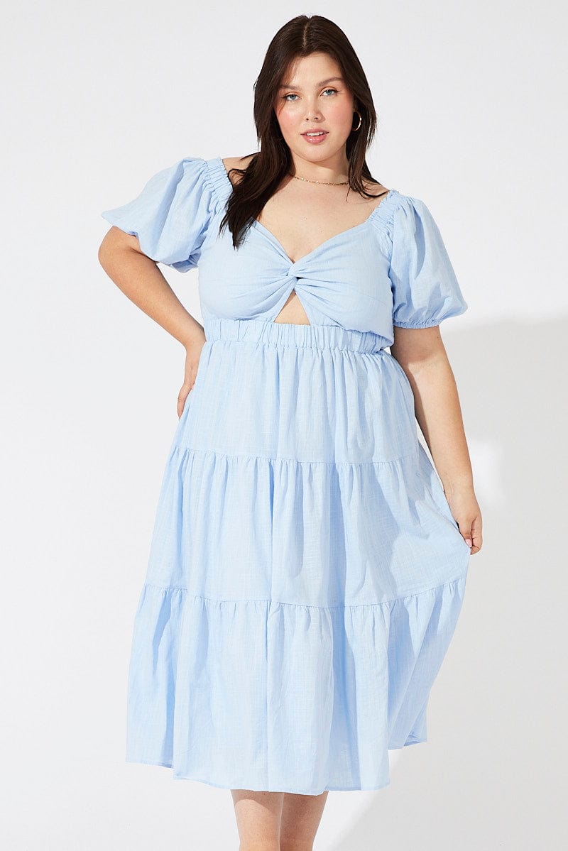 Blue Midi Dress Short Sleeve Tiered Cotton for YouandAll Fashion