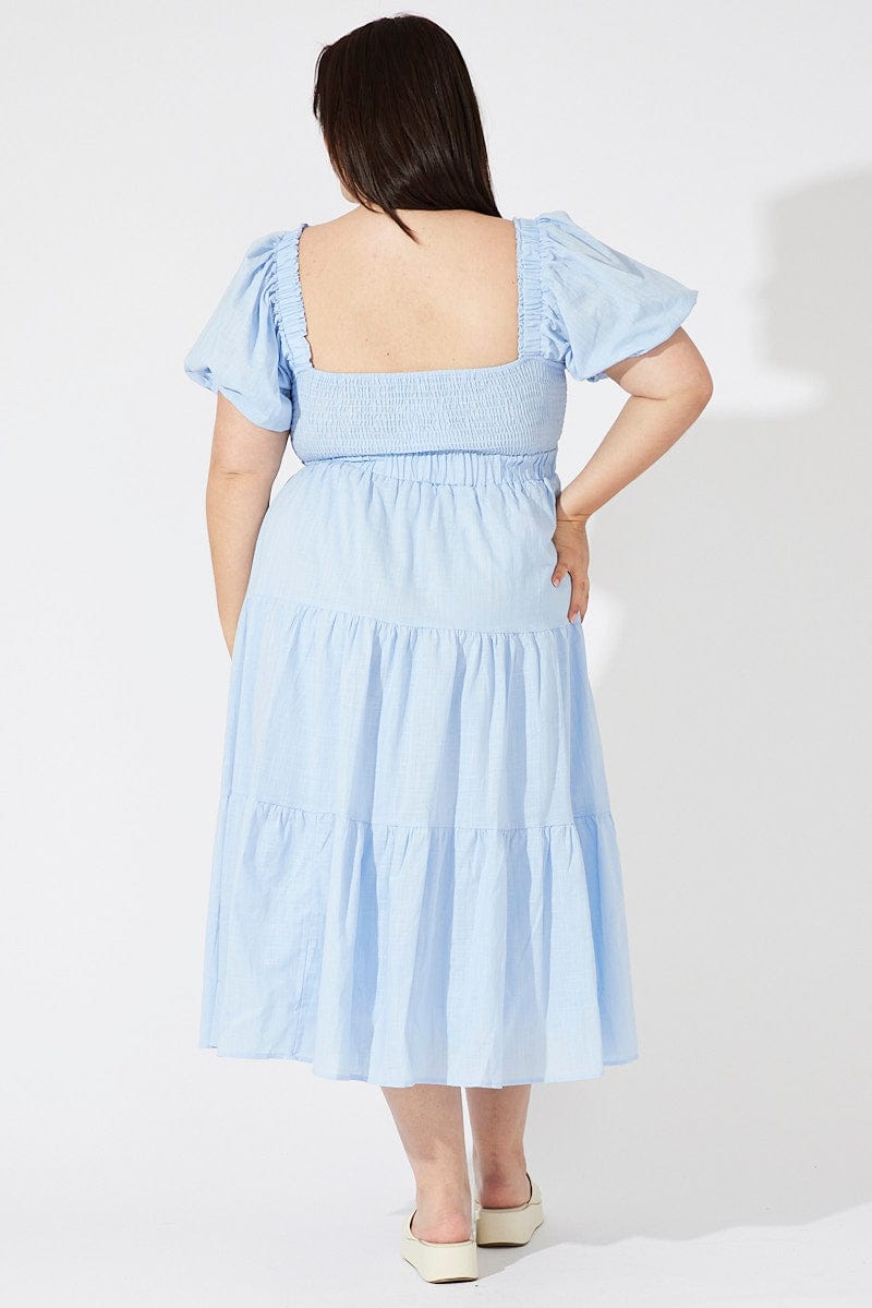 Blue Midi Dress Short Sleeve Tiered Cotton for YouandAll Fashion