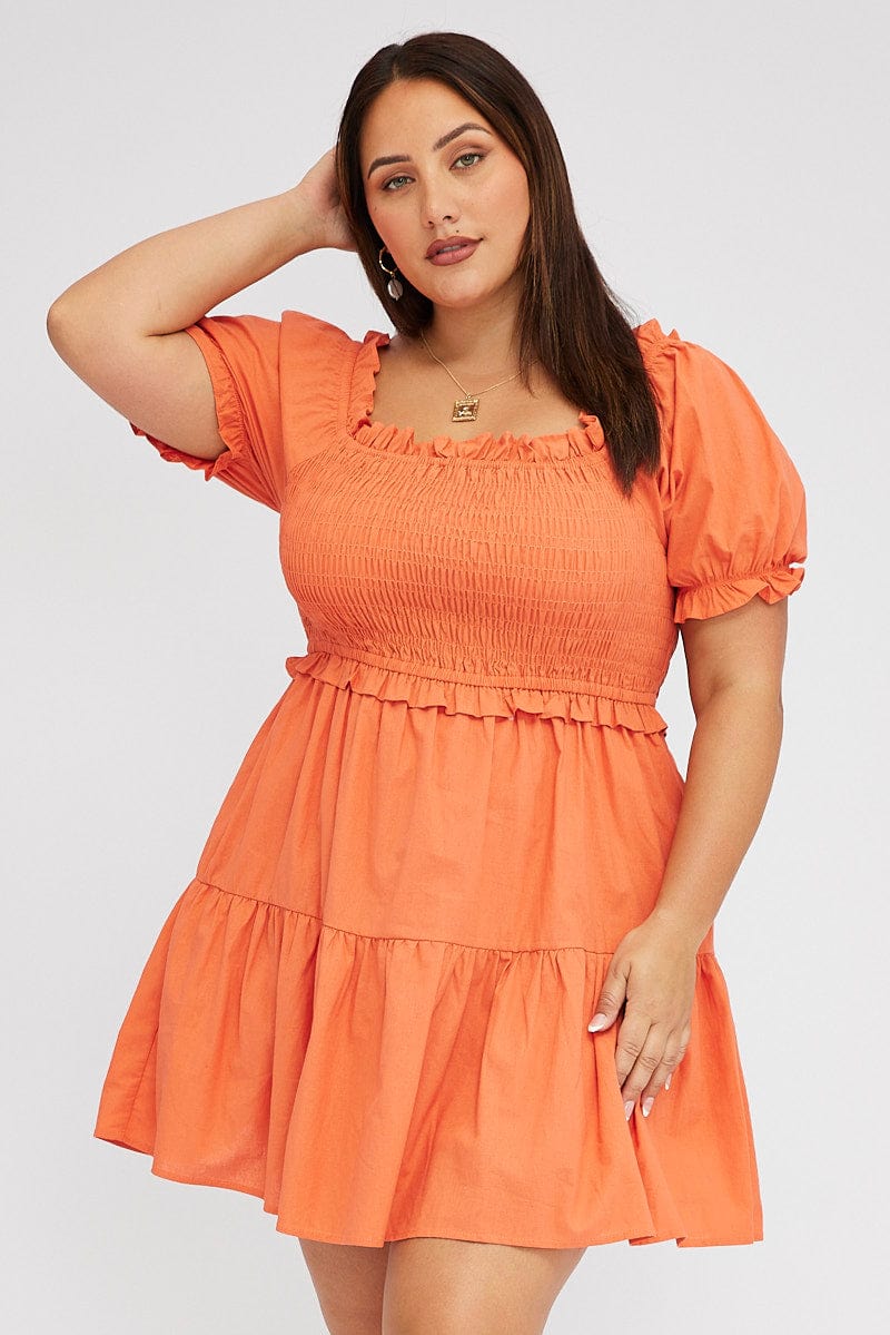 Orange Fit and Flare Dress Short Sleeve Shirred for YouandAll Fashion