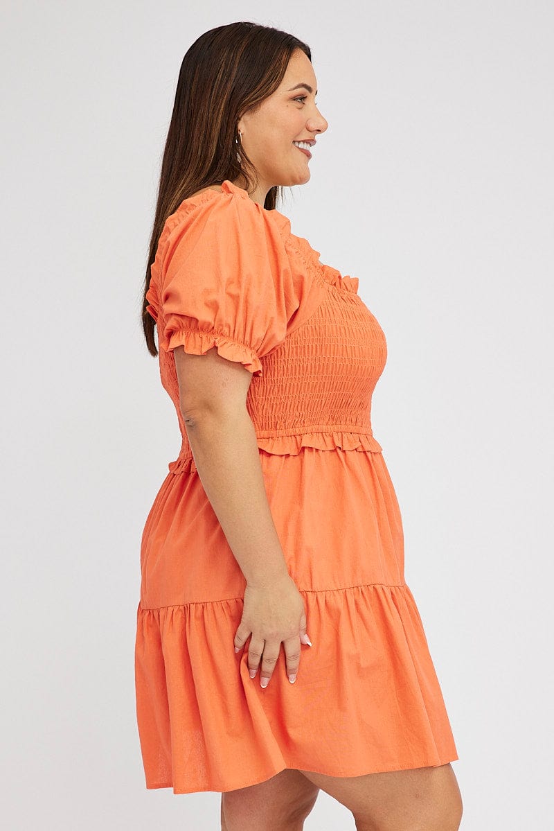 Orange Fit and Flare Dress Short Sleeve Shirred for YouandAll Fashion