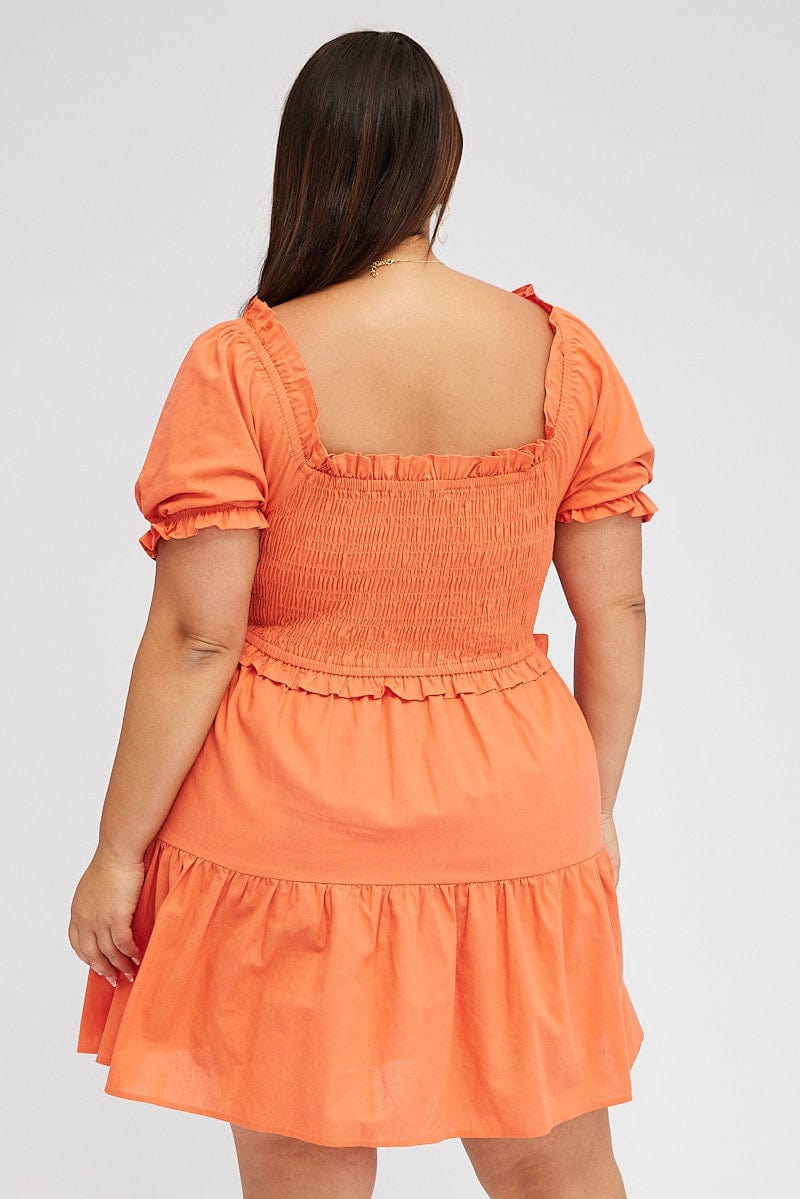 Orange Fit and Flare Dress Short Sleeve Shirred for YouandAll Fashion