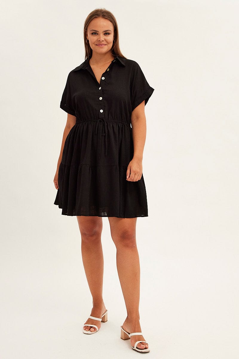 Black Shirt Dress Short Sleeve Linen Blend for YouandAll Fashion