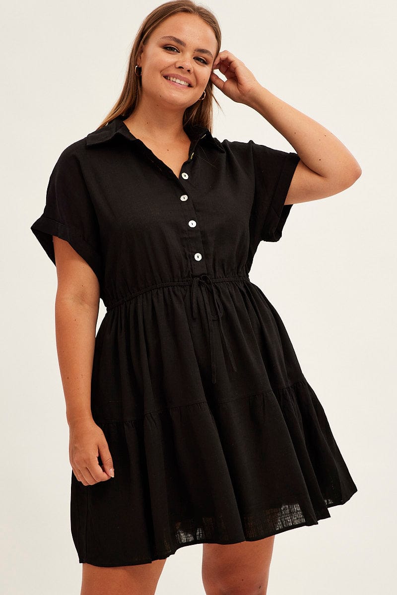 Black Shirt Dress Short Sleeve Linen Blend for YouandAll Fashion