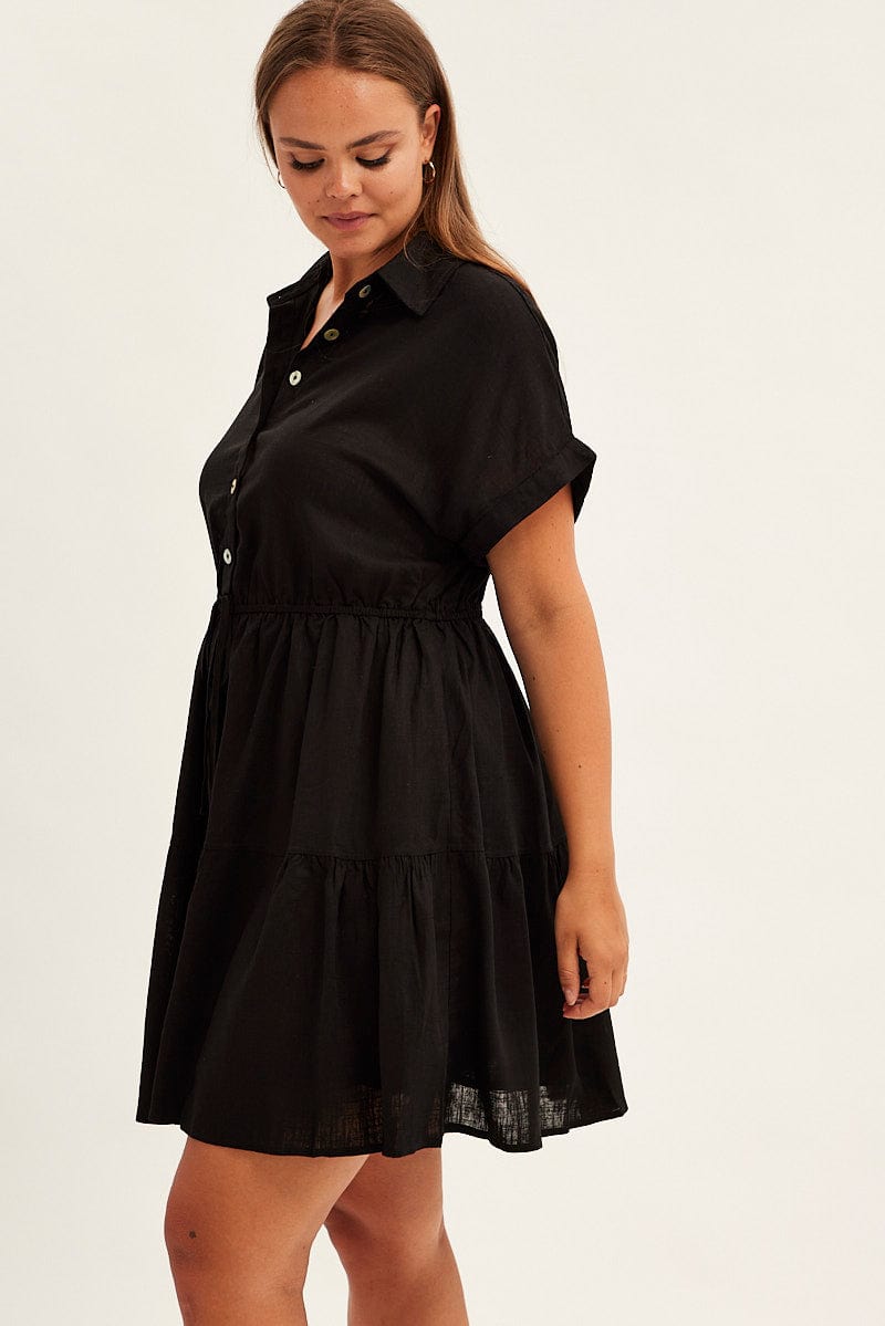 Black Shirt Dress Short Sleeve Linen Blend for YouandAll Fashion