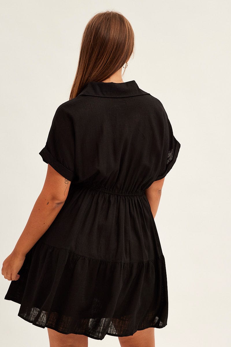 Black Shirt Dress Short Sleeve Linen Blend for YouandAll Fashion