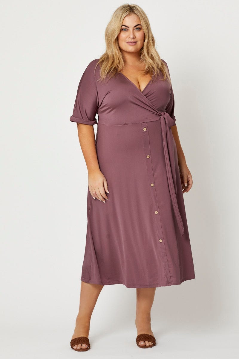 Purple Midi Dress V-Neck Short Sleeve Waist Tie For Women By You And All