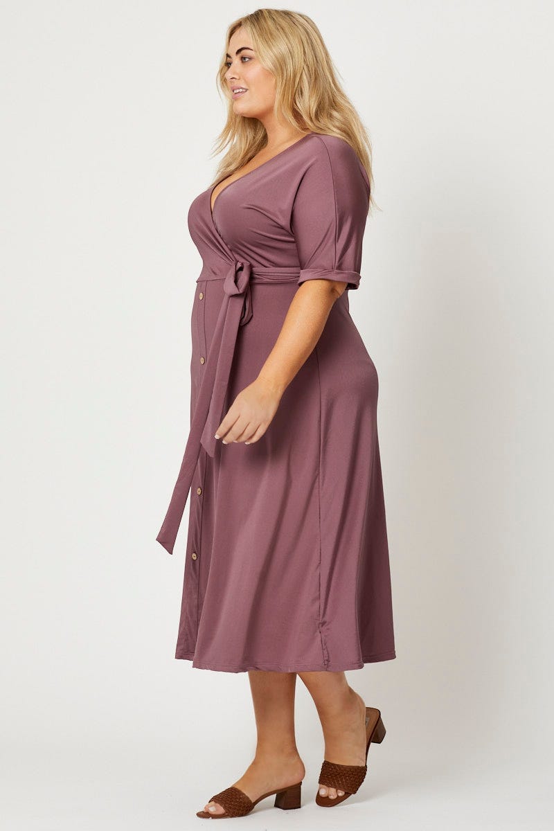 Purple Midi Dress V-Neck Short Sleeve Waist Tie For Women By You And All
