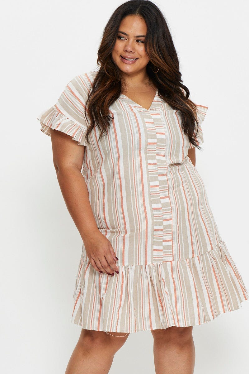 Stripe Smock Dress V-Neck Short Sleeve For Women By You And All