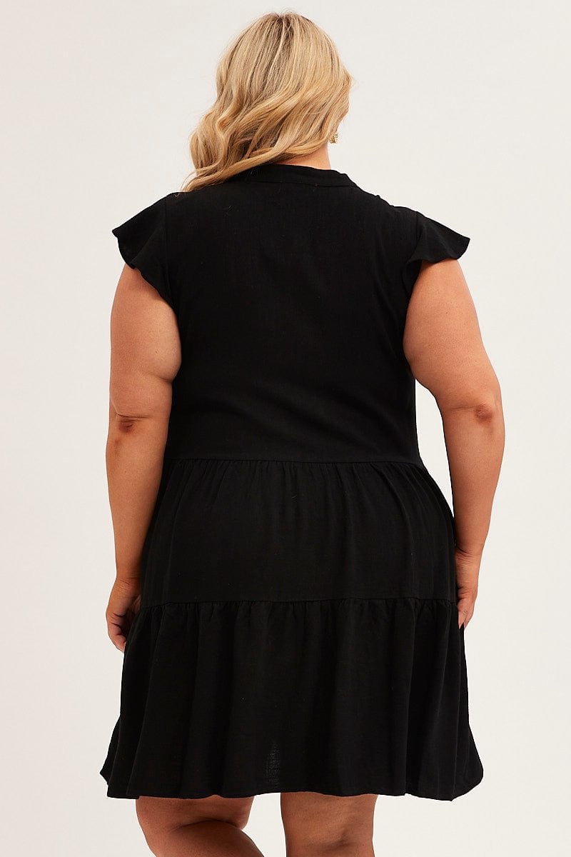 BLACK Relaxed Dress Short Sleeve V Neck Linen Blend