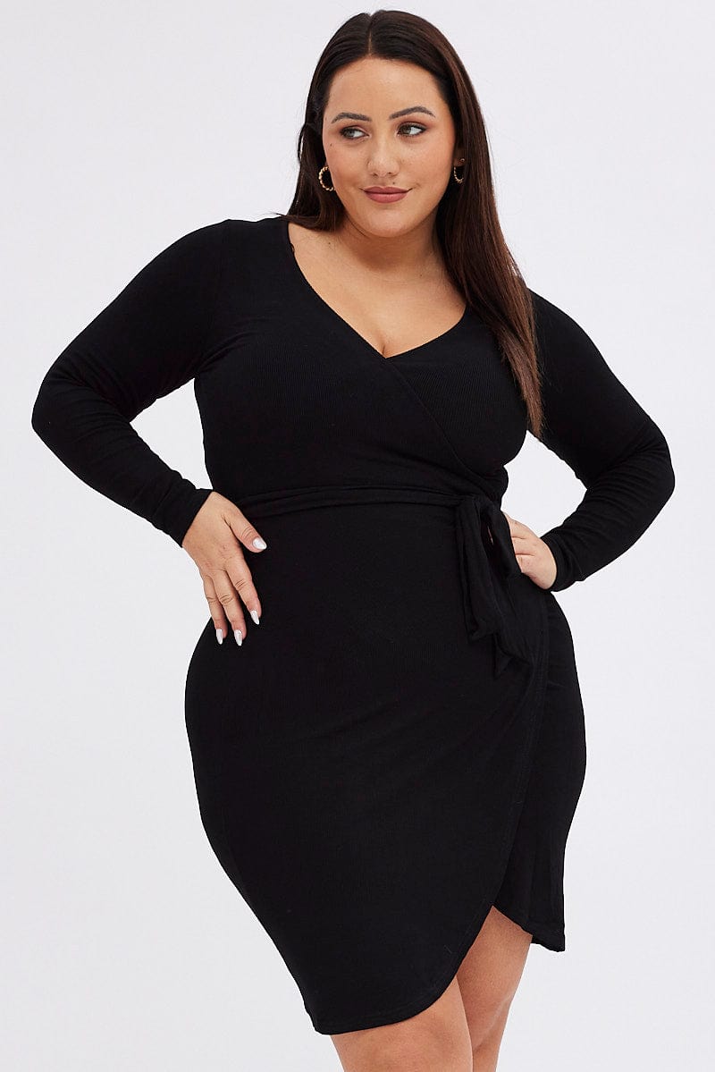 Black Wrap Dress Rib Jersey Tie Waist Knee Length | You & All Black Wrap Dress Rib Jersey Tie Waist Knee Length | You & All