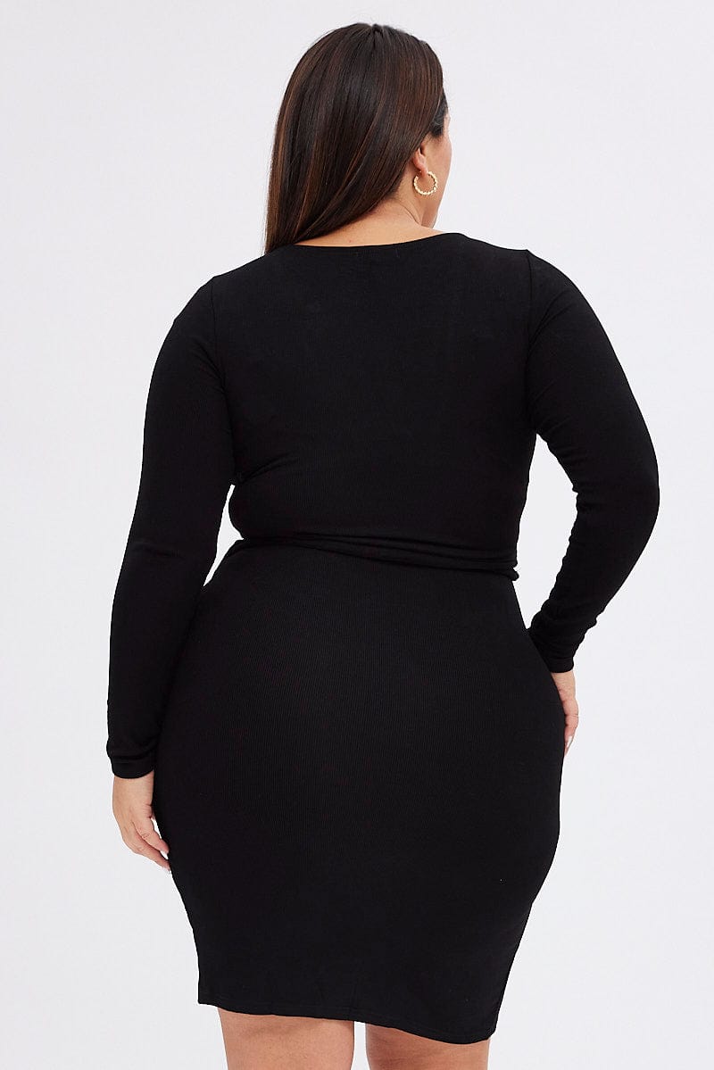 Black Wrap Dress Rib Jersey Tie Waist Knee Length | You & All Black Wrap Dress Rib Jersey Tie Waist Knee Length | You & All