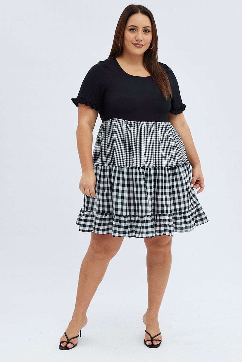 Black Check Mini Dress Short Sleeve Tiered for YouandAll Fashion