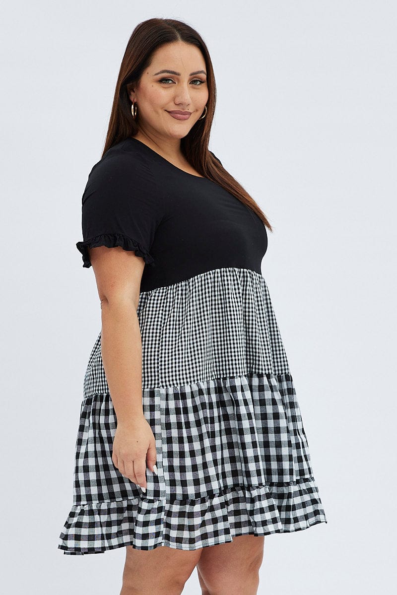 Black Check Mini Dress Short Sleeve Tiered for YouandAll Fashion