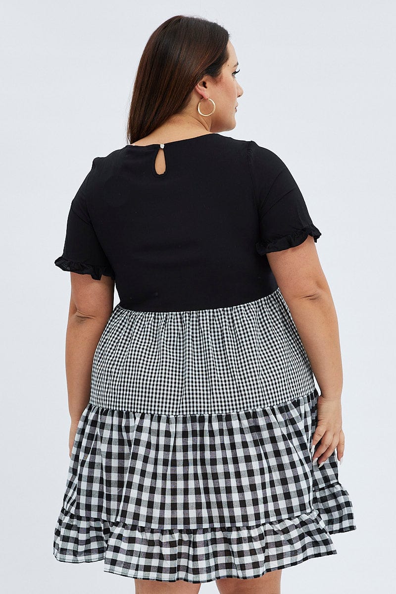 Black Check Mini Dress Short Sleeve Tiered for YouandAll Fashion