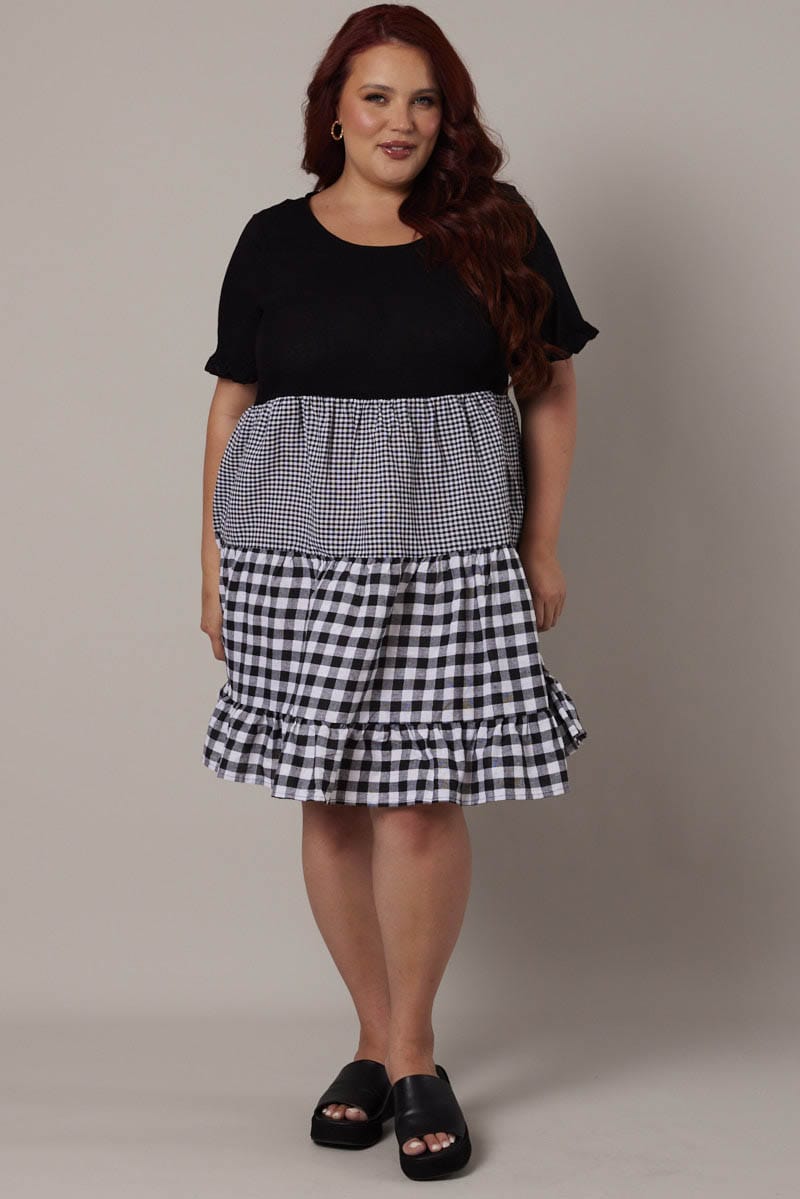 Black Check Smock Dress Short Sleeve Tiered for YouandAll Fashion