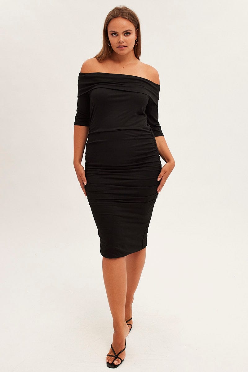 BLACK Midi Dress Off Shoulder Bodycon Jersey for YouandAll Fashion