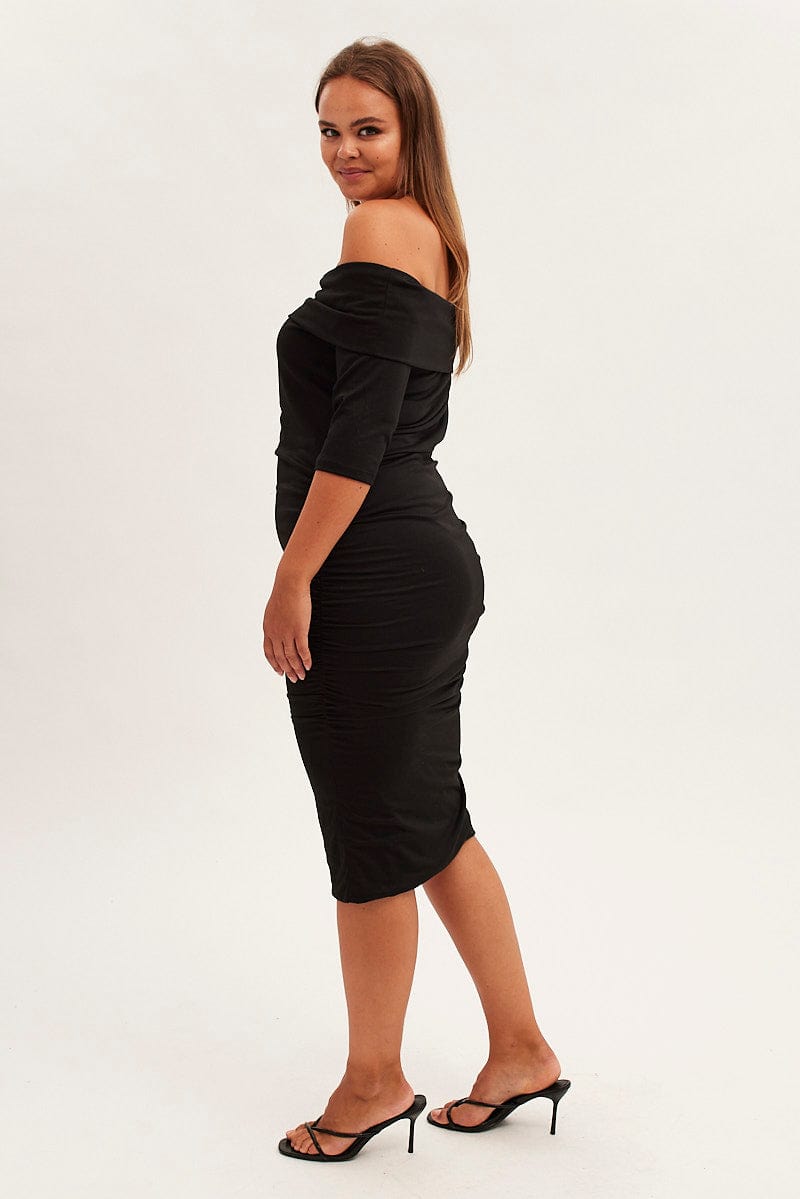 Black Midi Dress Off Shoulder Bodycon Jersey | You & All Black Midi Dress Off Shoulder Bodycon Jersey | You & All