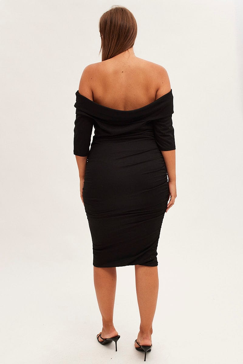 BLACK Midi Dress Off Shoulder Bodycon Jersey for YouandAll Fashion