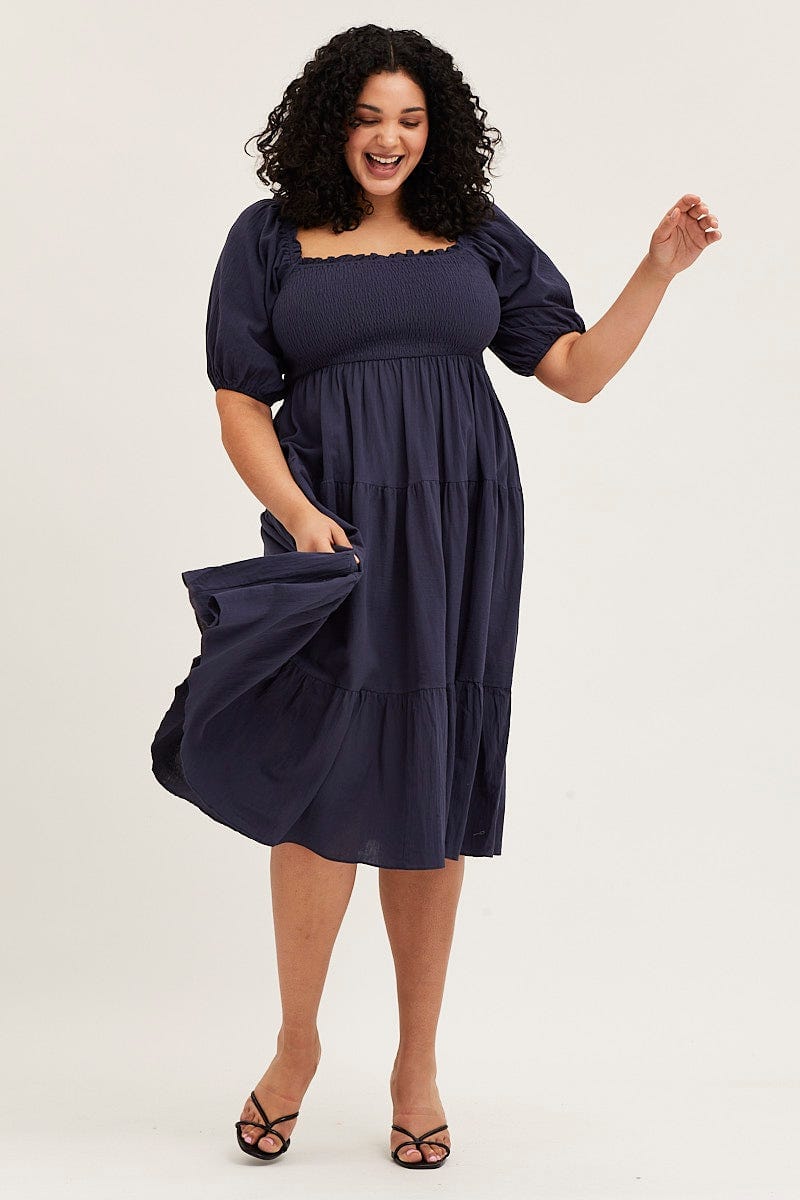 Navy Midi Dress Off Shoulder Short Sleeve For Women By You And All