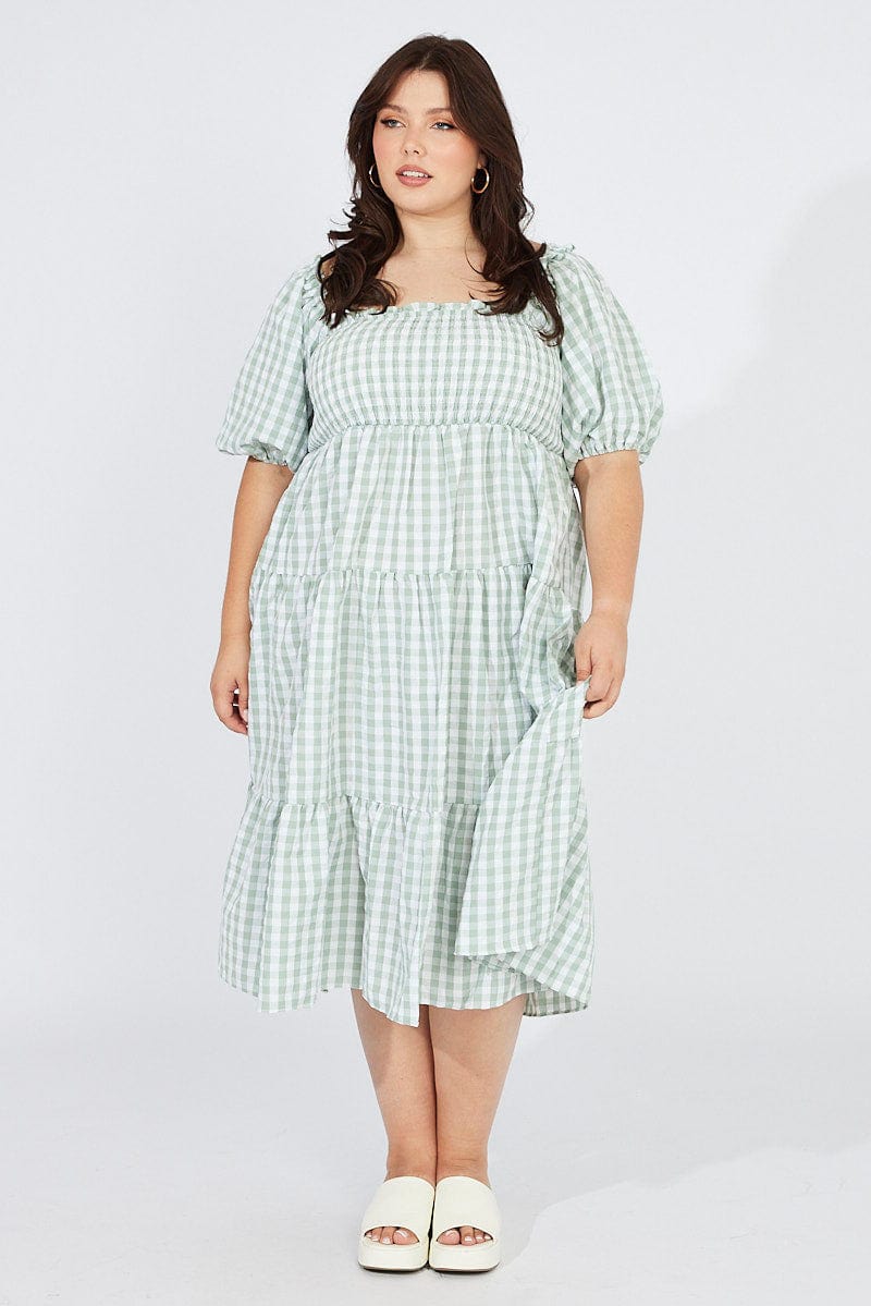 Green Check Midi Dress Short Sleeve Shirred Tie Back for YouandAll Fashion