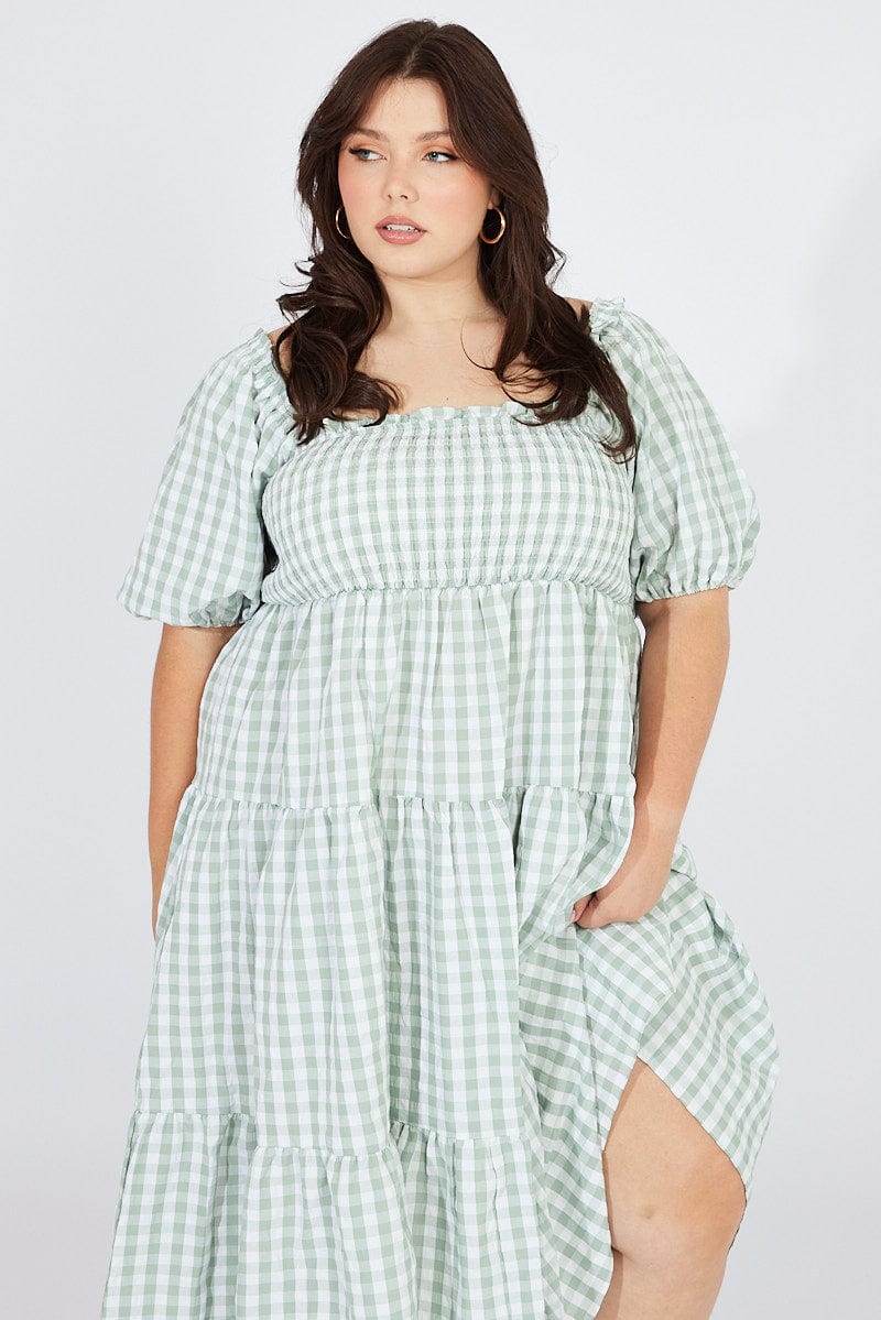 Green Check Midi Dress Short Sleeve Shirred Tie Back for YouandAll Fashion