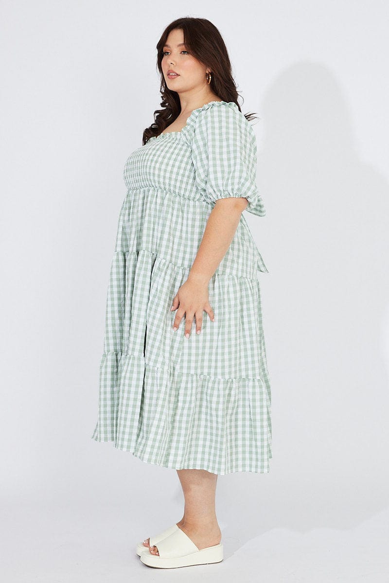 Green Check Midi Dress Short Sleeve Shirred Tie Back for YouandAll Fashion