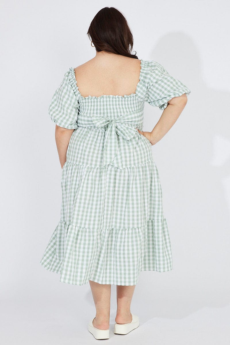 Green Check Midi Dress Short Sleeve Shirred Tie Back for YouandAll Fashion