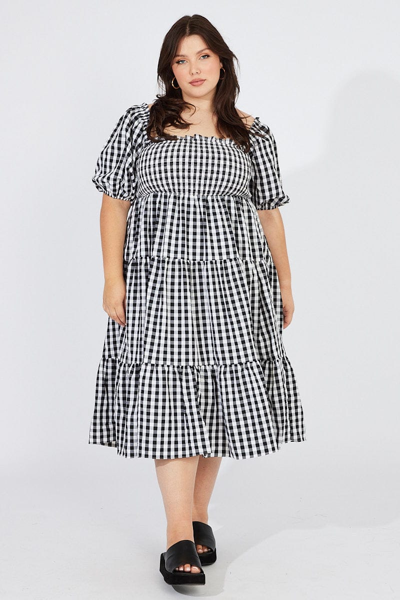 Black Check Midi Dress Short Sleeve Shirred Tie Back for YouandAll Fashion