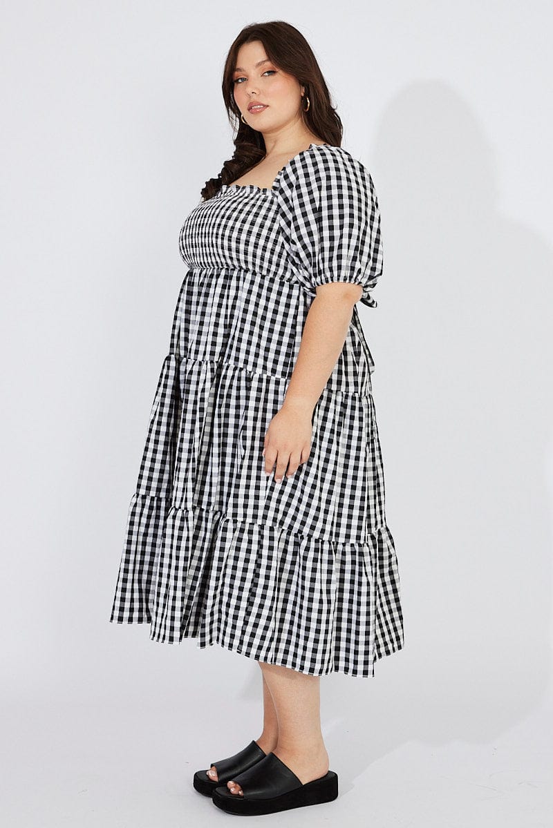 Black Check Midi Dress Short Sleeve Shirred Tie Back for YouandAll Fashion