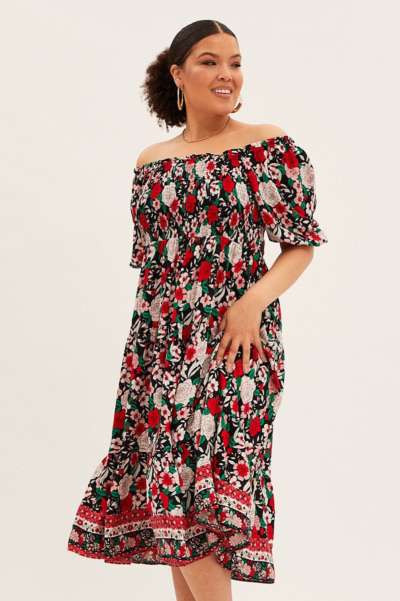 Multi Boho Midi Dress Off Shoulder Tie Back for YouandAll Fashion