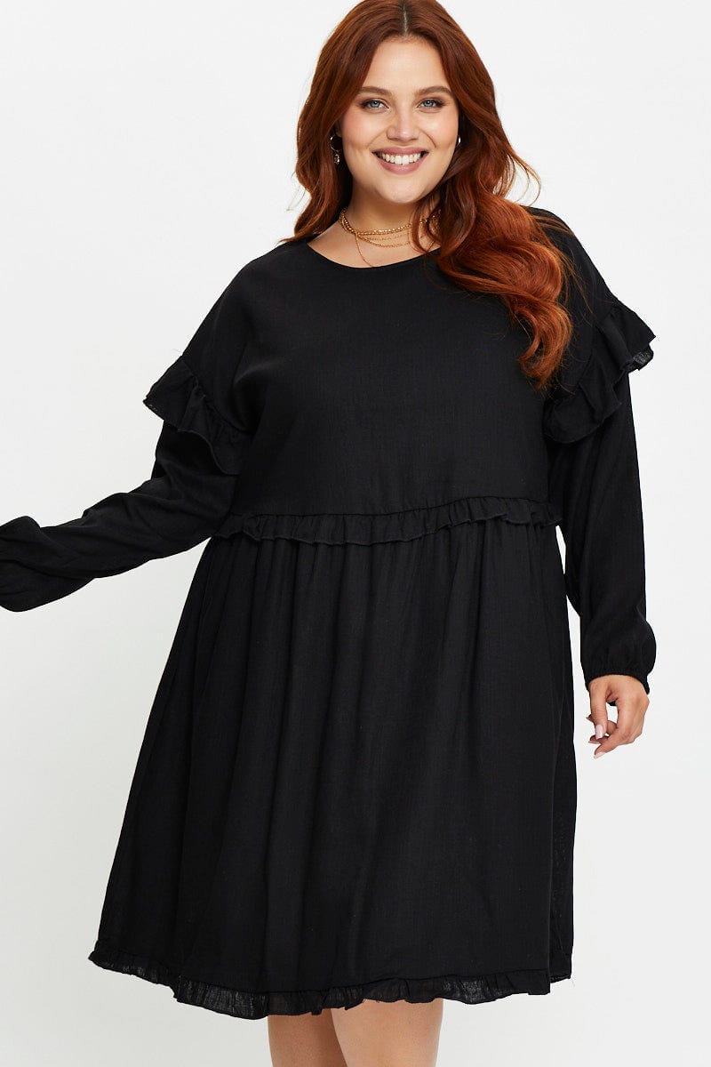 Black Plus Frill Smock Dress For Women By You And All