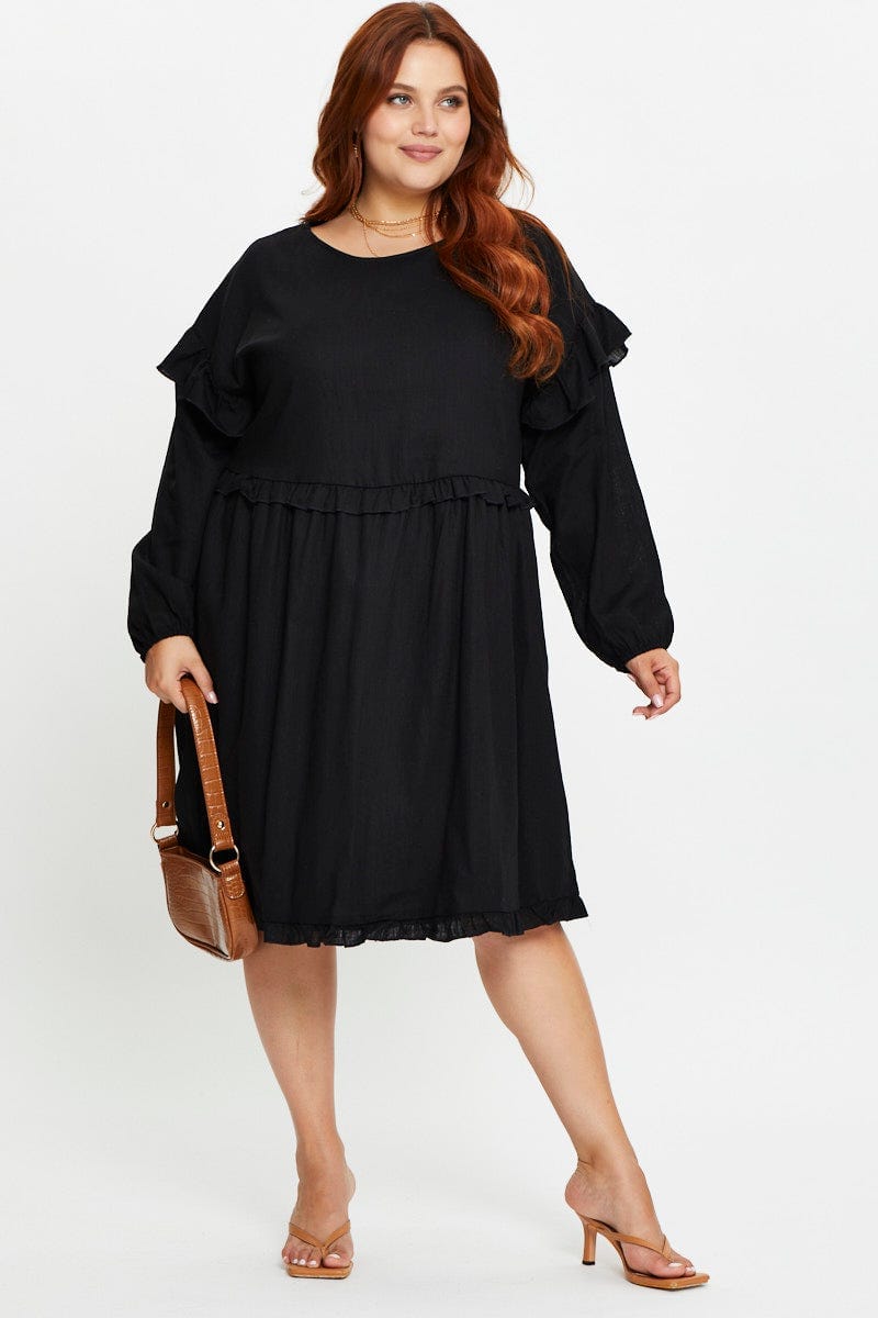 Black Plus Frill Smock Dress For Women By You And All