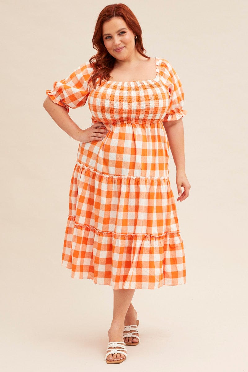 CHECK Short Sleeve Check Shirred Midi Dress