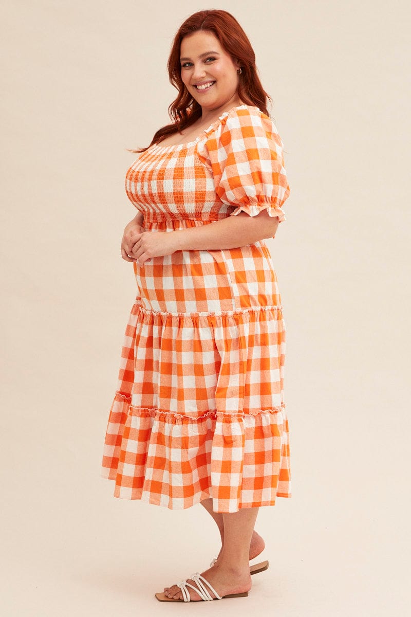 CHECK Short Sleeve Check Shirred Midi Dress