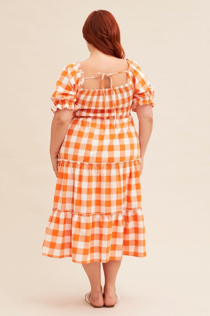 CHECK Short Sleeve Check Shirred Midi Dress