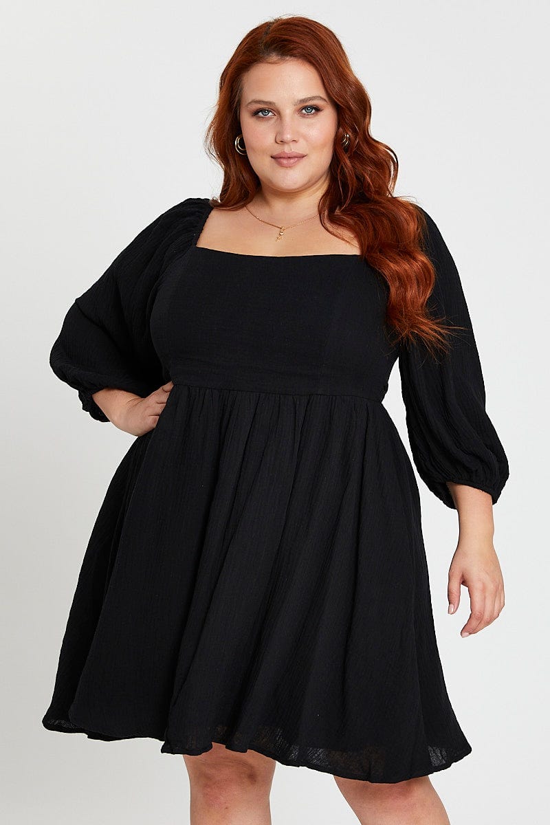 Black Skater Dress Square Neck Long Sleeve For Women By You And All