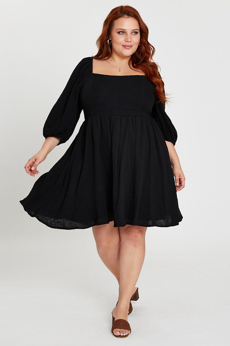 Black Skater Dress Square Neck Long Sleeve For Women By You And All