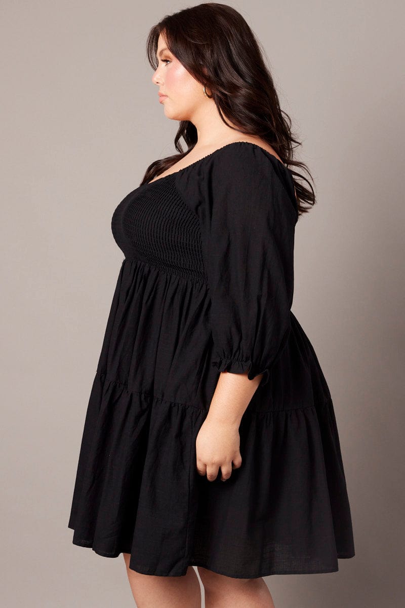 Black Shirred Tier Cotton Mini Dress for YouandAll Fashion