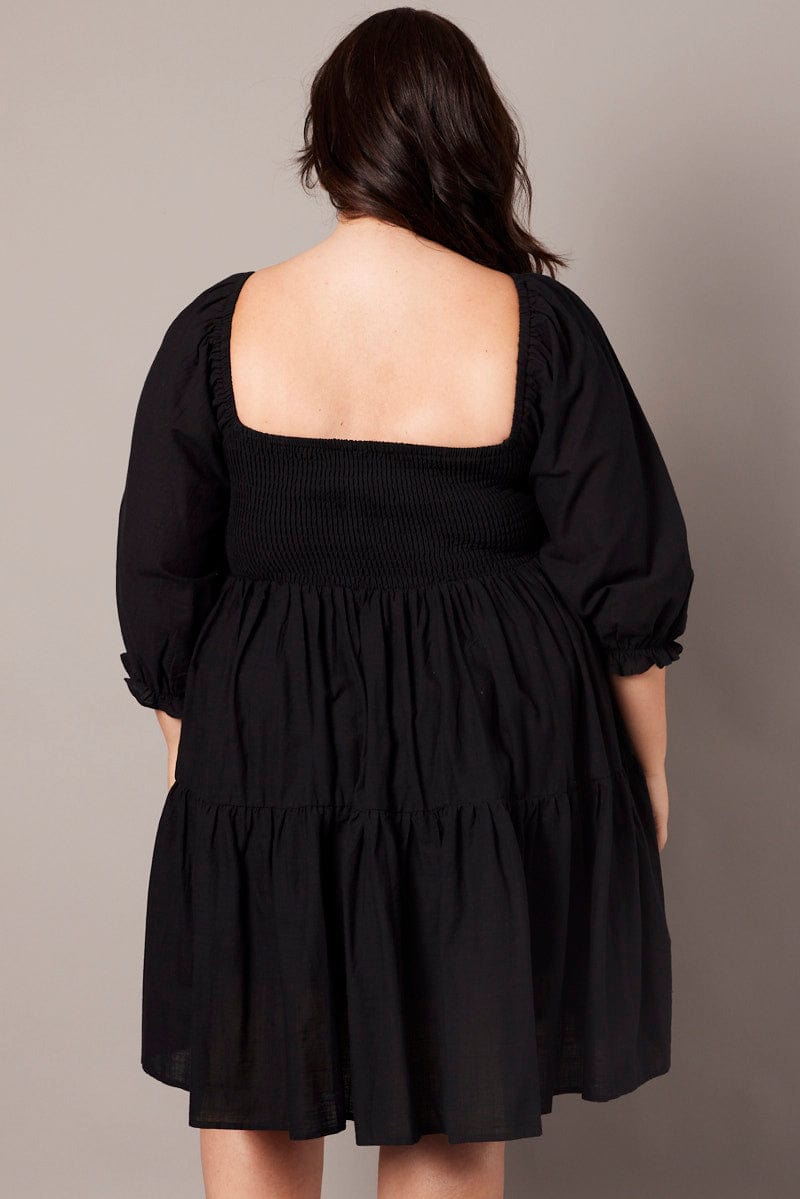 Black Shirred Tier Cotton Mini Dress for YouandAll Fashion