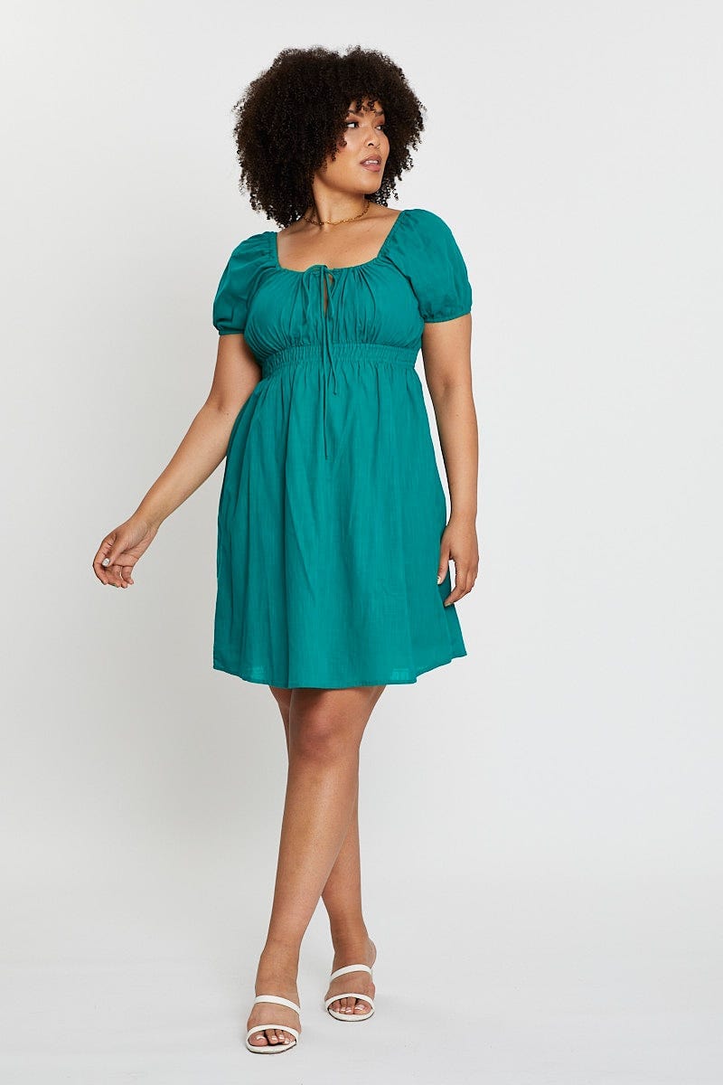 Green Short Capped Sleeve Mini Dress For Women By You And All