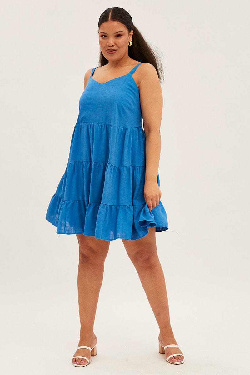 Blue Fit And Flare Dress Sleeveless Tiered Mini for YouandAll Fashion