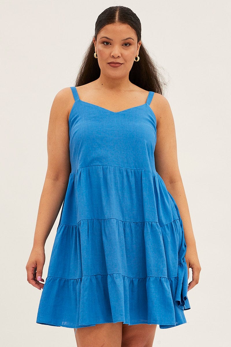 Blue Fit And Flare Dress Sleeveless Tiered Mini for YouandAll Fashion