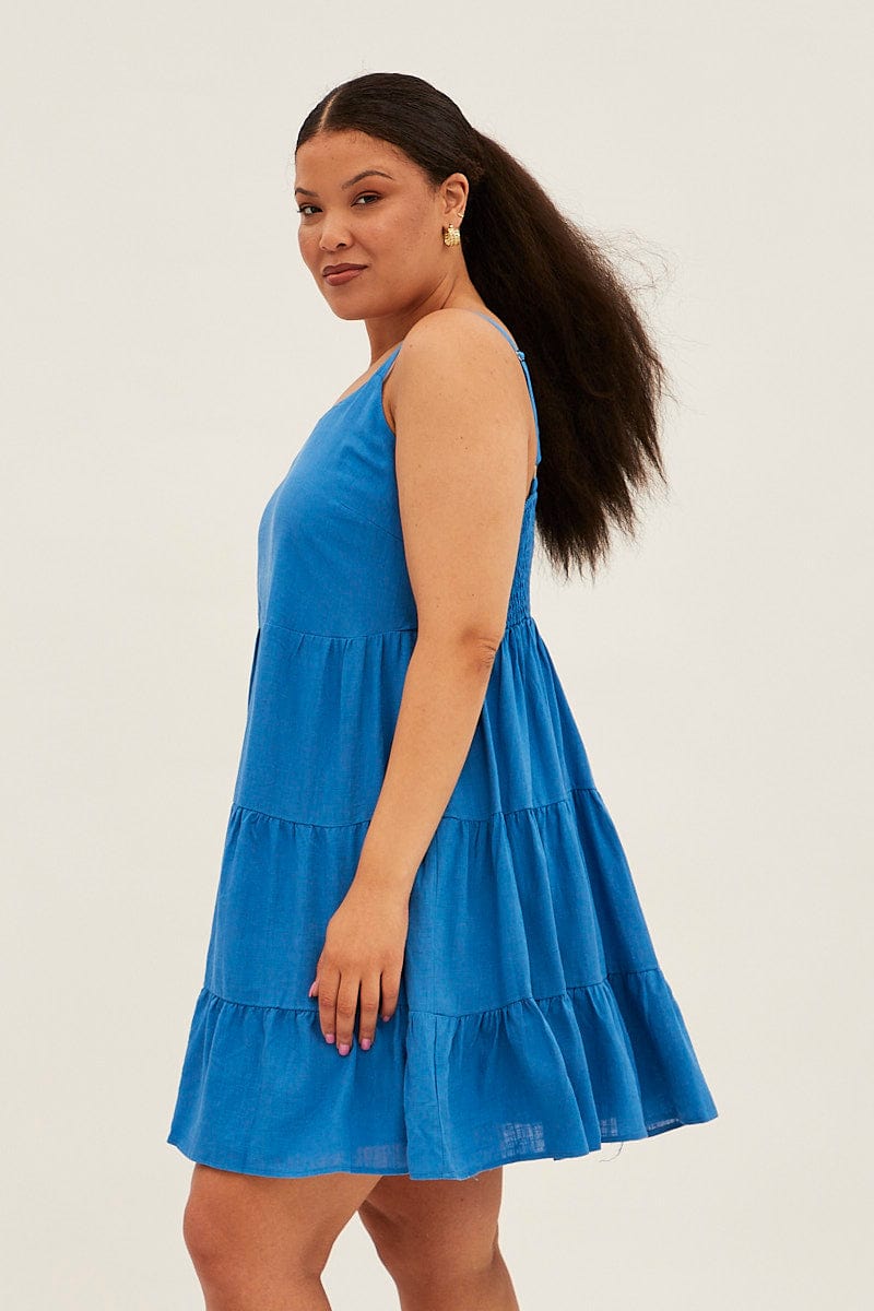 Blue Fit And Flare Dress Sleeveless Tiered Mini for YouandAll Fashion