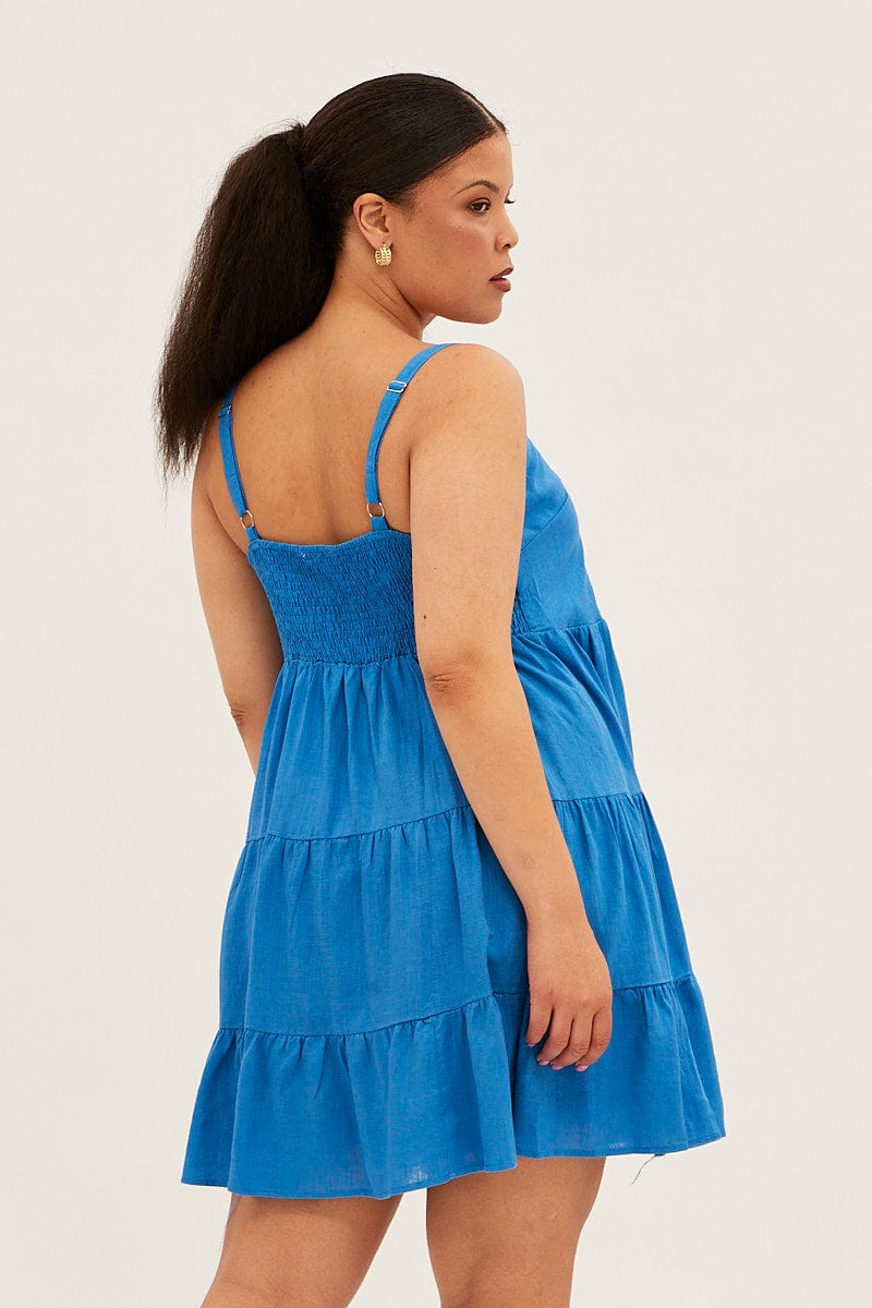 Blue Fit And Flare Dress Sleeveless Tiered Mini for YouandAll Fashion