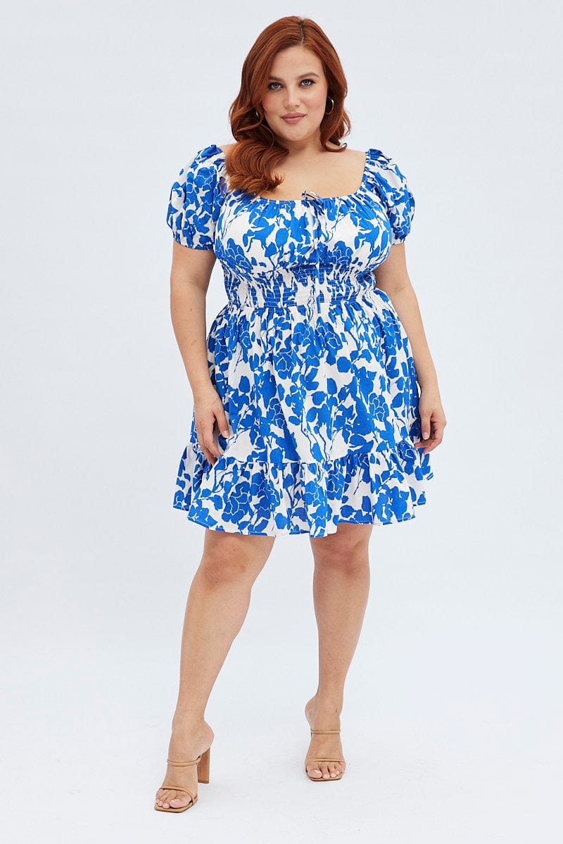 Blue Floral Fit and Flare Dress Short Sleeve for YouandAll Fashion